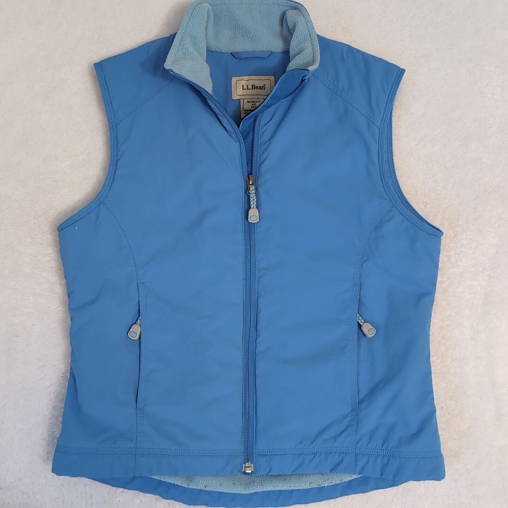 LL Bean Petites Blue Fleece Lined Nylon Vest Womens XS Zip Up Outdoor
